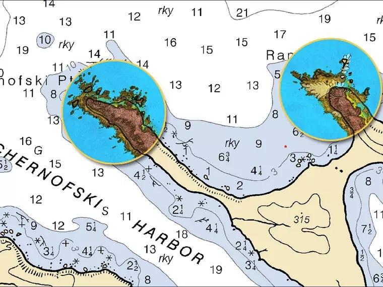 Fugro is using its SatRecon� service to plan safe and efficient survey operations around Unimak Island, Alaska. The inset images show the difference between charted features on existing nautical charts and current seafloor morphology, made visible through advanced satellite processing algorithms.?