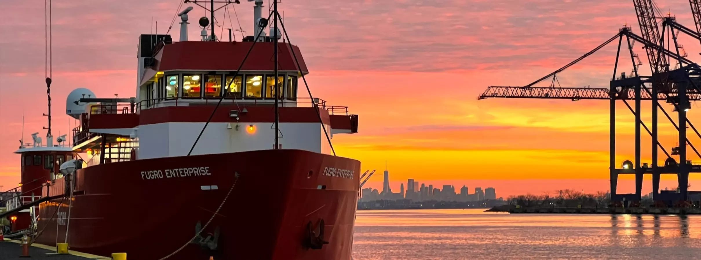 Fugro Enterprise in the USA with New York sunset in the background