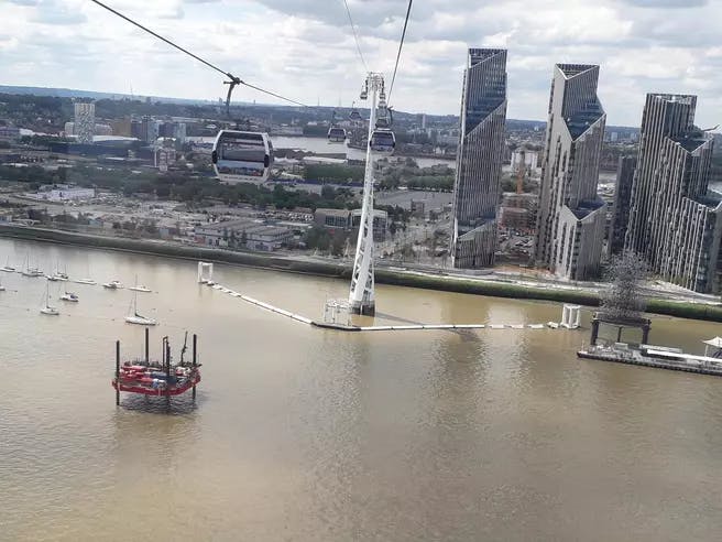 Fugro's Aran 120 mobilised to its first borehole position as part of the Silvertown Tunnels Project. Photo taken on the Emirates Airline cable car.