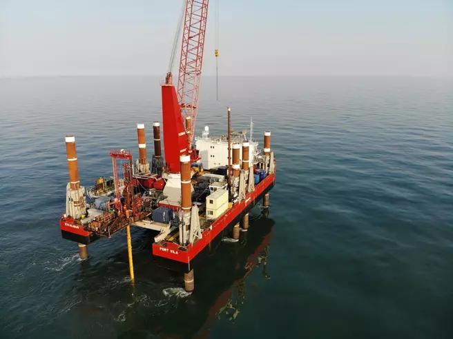 Excalibur Jack-up sliding drill deck working on Codling Bank wind farm in the Irish Sea