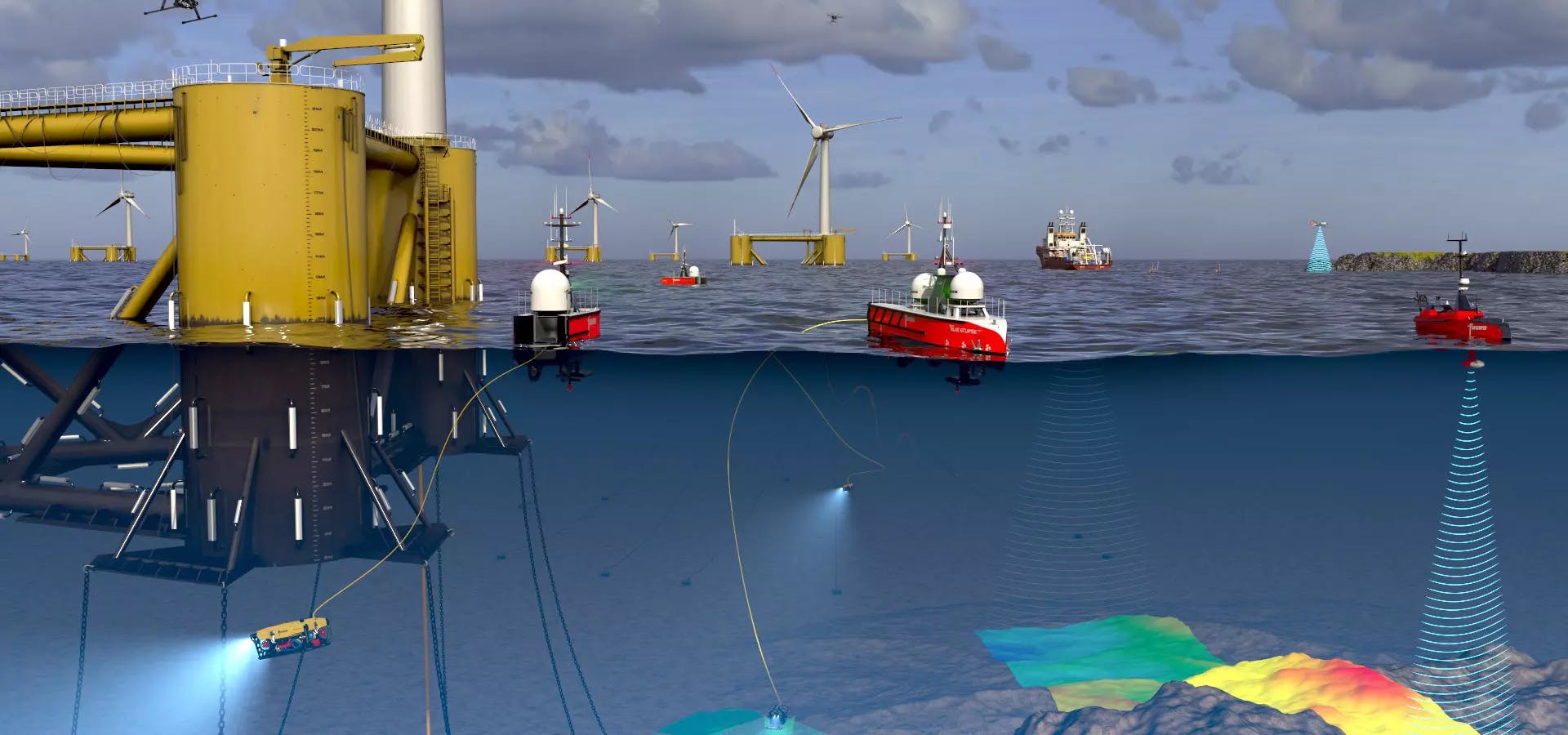 Floating wind farm remote operations graphic